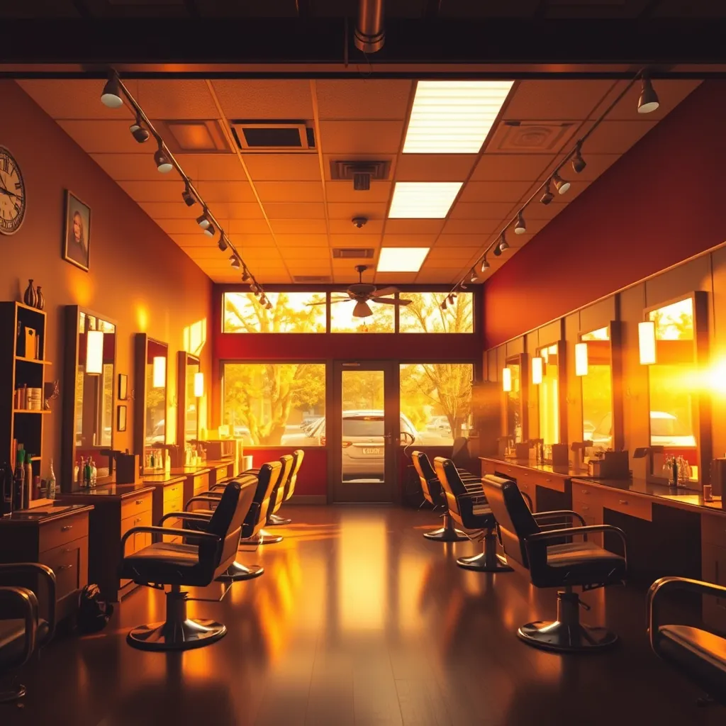 Concept photograph: a warm empty salon floor with afternoon light across the chairs.